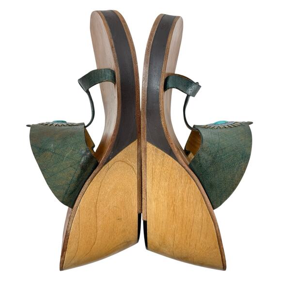 Calleen Cordero T Strap Platform Wedge‎ Wood Sandals Turquoise Concho Size 10 - Picture 9 of 10